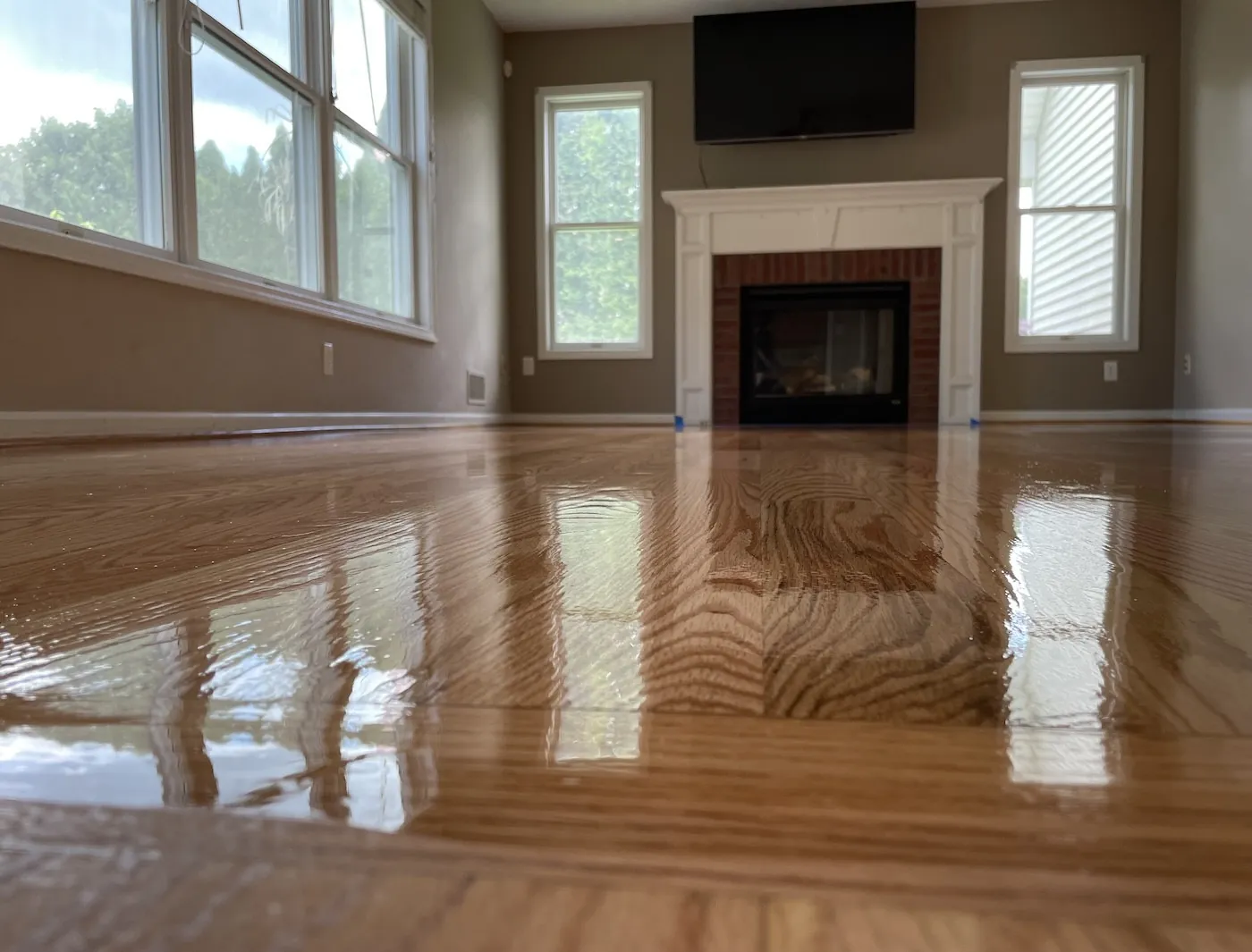 A freshly refinished hardwood floor reflecting the windows